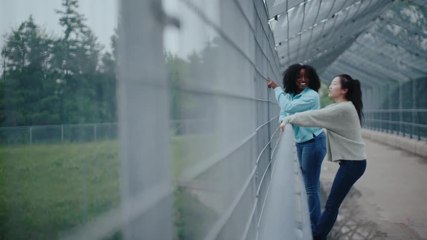 Two women one with curly dark hair and the other with straight dark hair standing and looking out from what appears to be a covered walkway or greenhouse structure they are both leaning against a transparent or semitransparent wall with a lush green