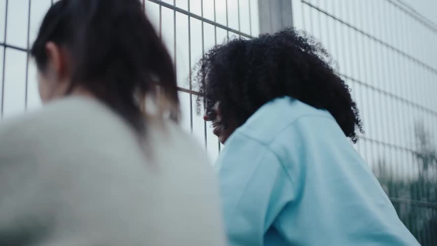 Two smiling women stand by a green metal fence chatting with each other