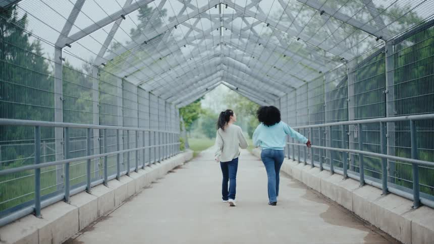 Two women walk over the overpass towards the forest