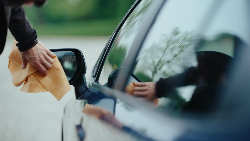 A man cleaning the side mirror of a car with a cleanser and a small yellow cloth at dawn