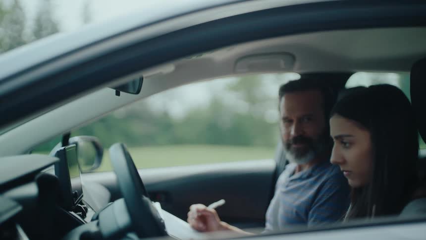 Driving instructor grading a student provides guidance to her