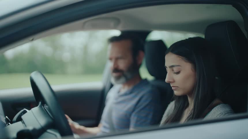 A man sits in the passenger seat talking and reading beside a quiet driver