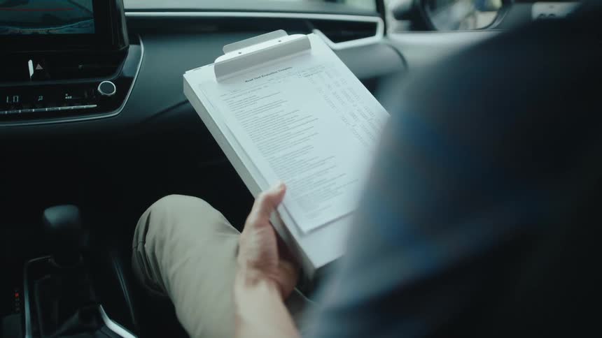 Man sitting inside a car holding a document