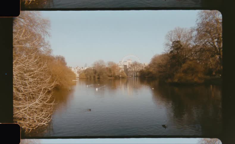 A calm river reflects leafless trees under a clear sky