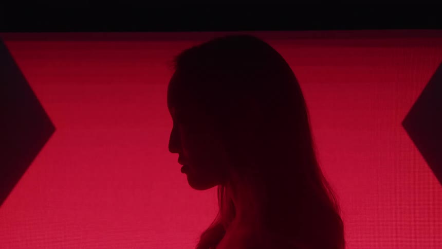 A womans silhouette is cast in profile against a bright pulsating red background that shifts with abstract patterns the dramatic lighting emphasizes her outline and the flow of her hair creating a mysterious and artistic impression