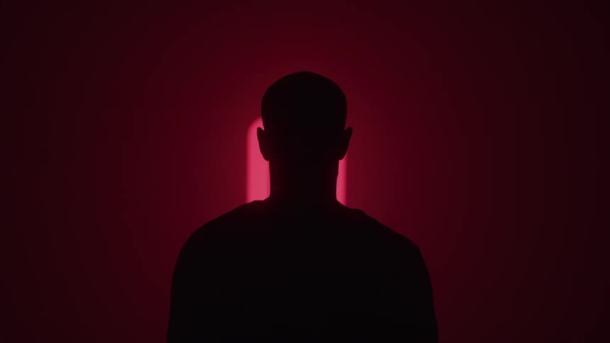 Silhouette of a man with his back to and facing a screen displaying various objects in a dark room