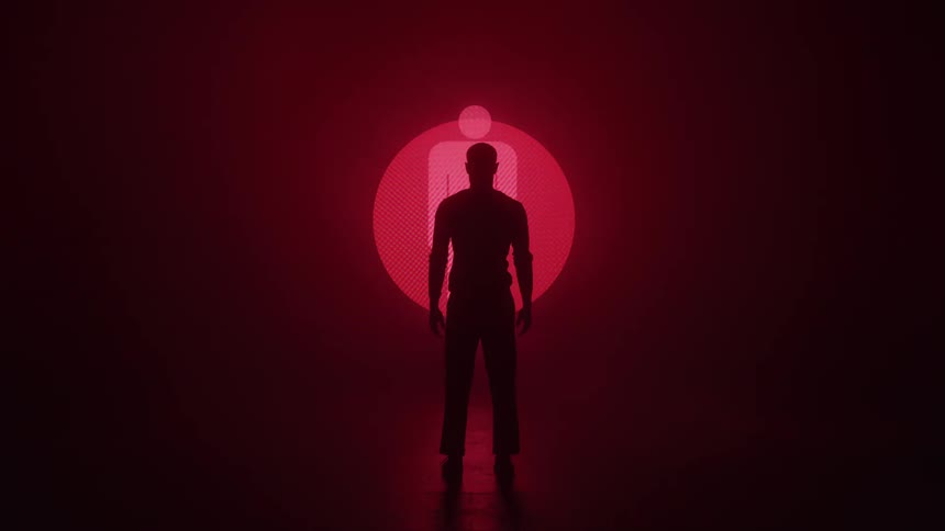A solitary figure stands silhouetted against a dramatic red background with bold geometric patterns like triangles squares and circles flashing behind them the intense pulsating lights create a mysterious and somewhat ominous atmosphere