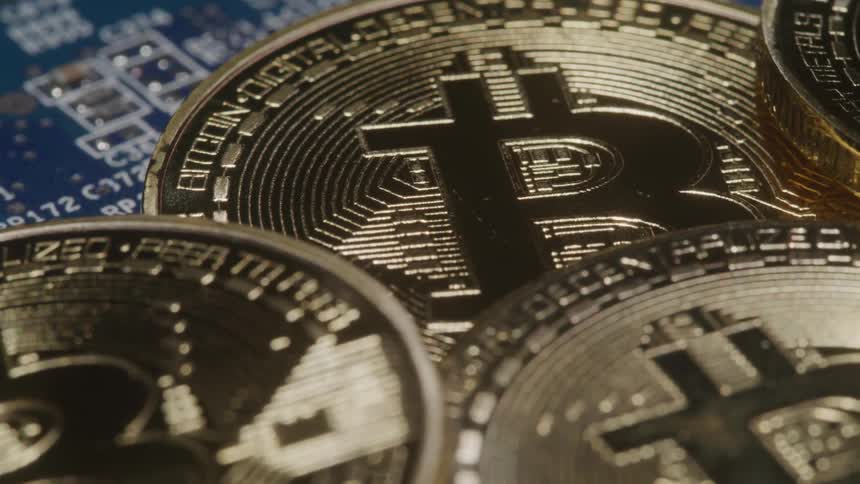 Close up of bitcoin metal coins