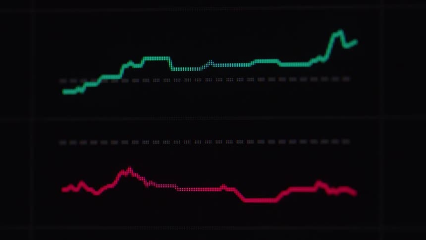 Multiple plots in blue and red are scrolled over against a black background