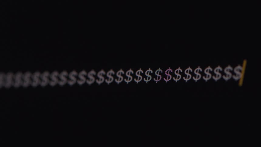 A long string of dollar signs is typed out on a computer screen ending with a blinking cursor
