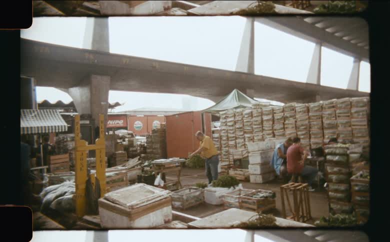 Workers unloading and organizing crates at a bustling outdoor produce market