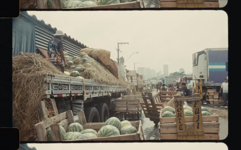 Workers unload watermelons from trucks in a busy outdoor market