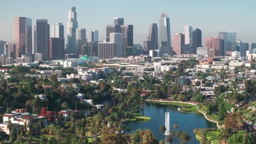 Aerial of Echo Park in Los Angeles on a sunny day