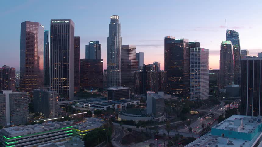 Aerial of skyscrapers in Los Angeles at sunset
