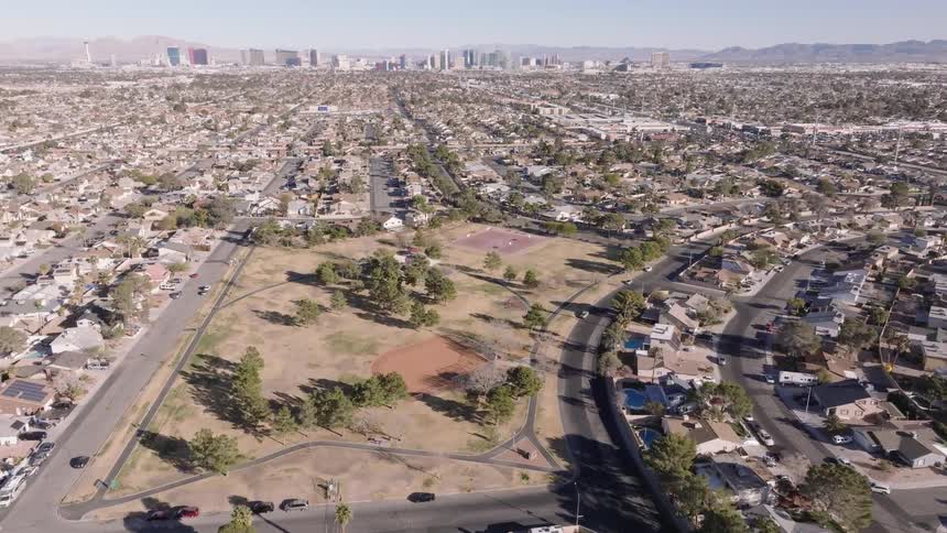 Aerial of a park in a housing neighborhood of a Las Vegas suburb