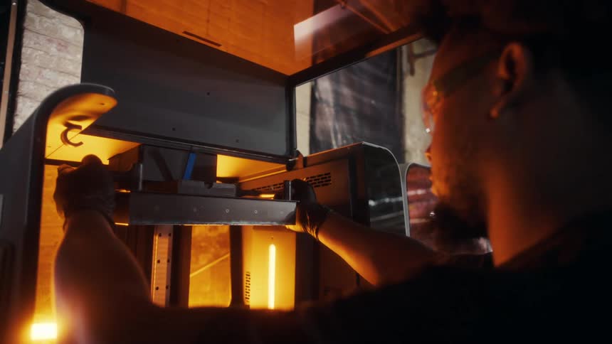 A man loads the machine in the factory