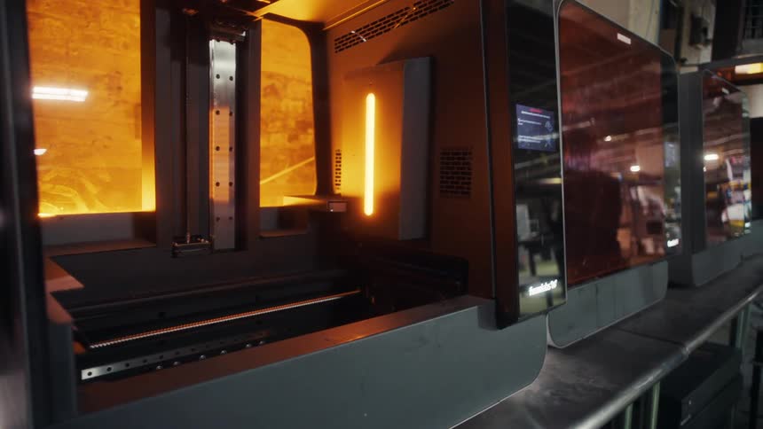 Industrial 3d printers lined up on a metal bench inside a factory environment