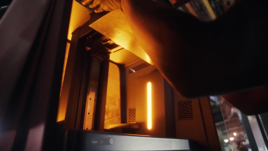 A gloved hand adjusts or fixes a part inside a lit up machine in an industrial setting