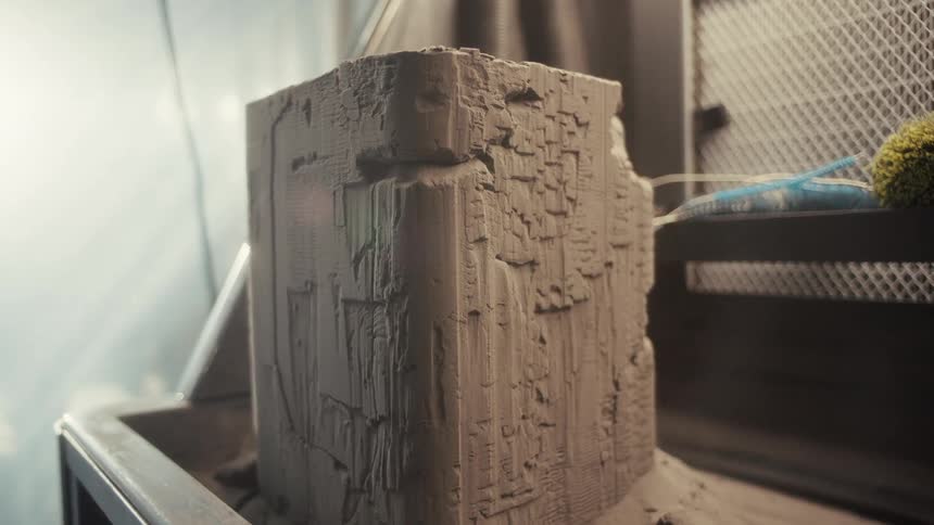 Pieces fall off a rough beige block of clay standing in a sink