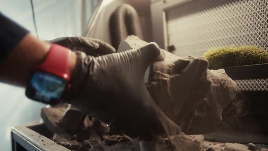 Male worker manipulates a tan mass as it crumbles on a work surface