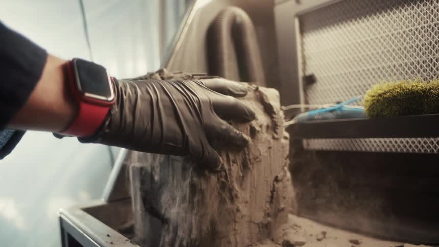 A person wearing black gloves and a red smartwatch uses their hands to remove a dustcovered metal component from inside an industrial machine