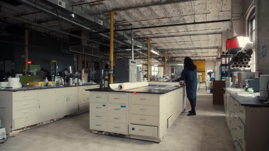 The worker walks around working and cutting paper