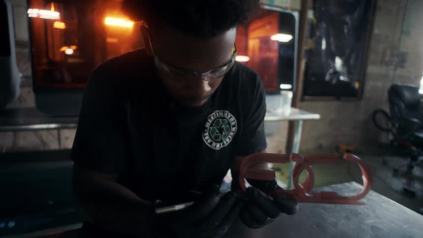 A man with safety glasses and black gloves sits at a metal table cleaning a reddish orange object with glowing machines behind him