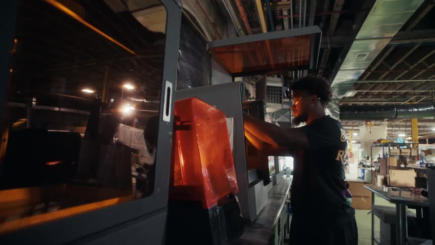 The worker is operating a machine then closes the lid