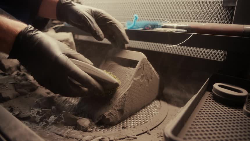Person sanding a dusty 3d print inside a workstation