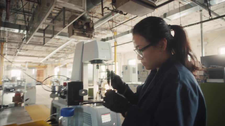 A female scientist in a lab coat carefully prepares a sample on a slide for a microscope in a large industrial laboratory setting