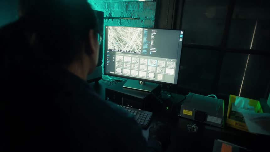 A person at a desk observes a monitor displaying a tangled mesh of white fibers resembling a microscopic or digital analysis