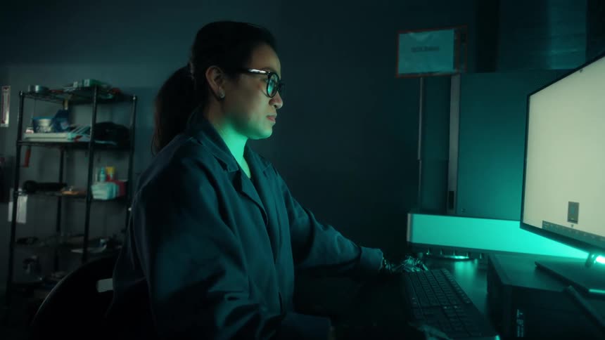 A young woman using a desktop computer in an office in a lab