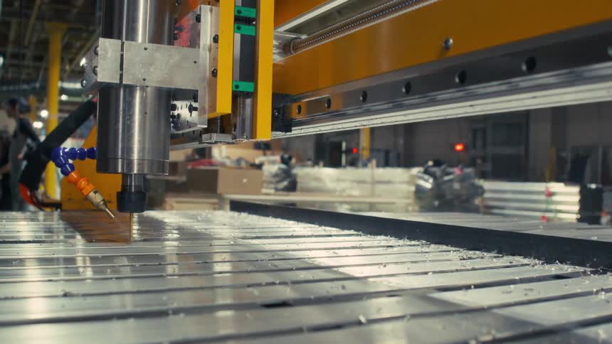 In a warehouse a machine is cutting rows of sheet metal