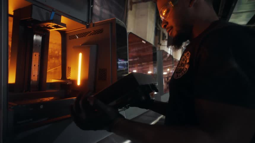 A man in safety glasses and black gloves opens a glowing orangelit machine to inspect its internal components