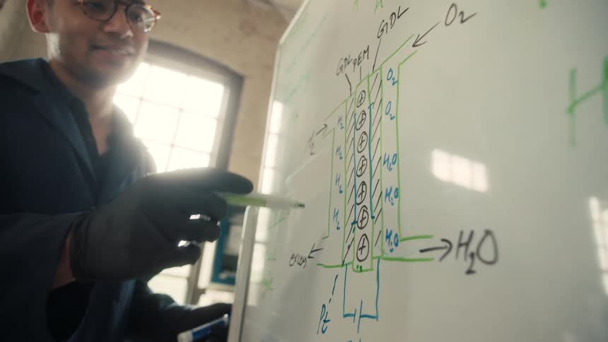 Scientist explaining a chemical process on a whiteboard in a bright laboratory