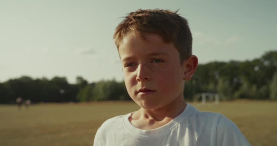 A boy is standing in a field of grass during the spring