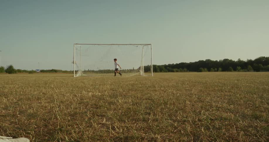 Ball being kicked towards a boy in goal on a soccer field