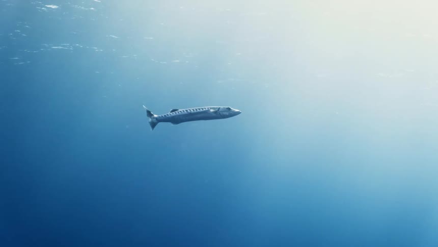 A fish is swimming underwater as sunlight reflects on the surface