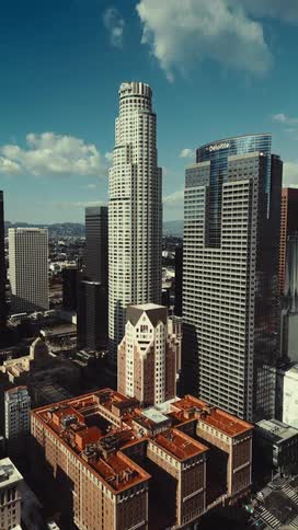 A tall cluster of skyscrapers in a modern city under clear blue skies