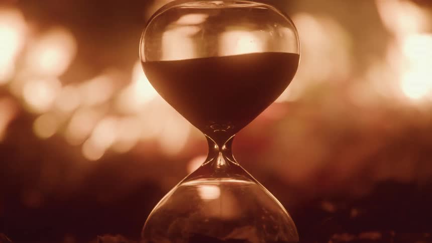 An hourglass sits in front of a fire