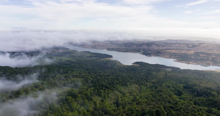 A winding river snakes through a dense forest under a layer of drifting mist