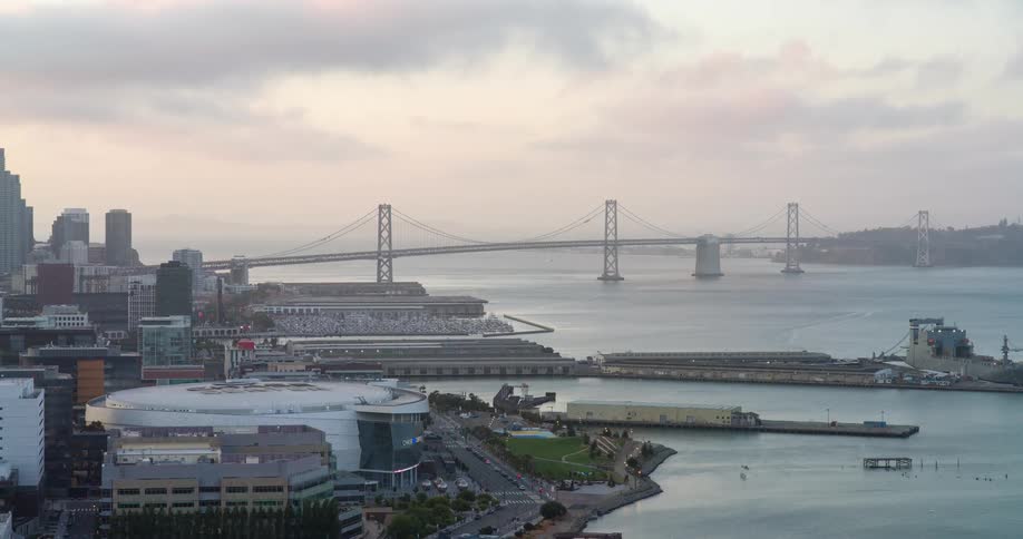 Aerial panorama of a seaside metropolis