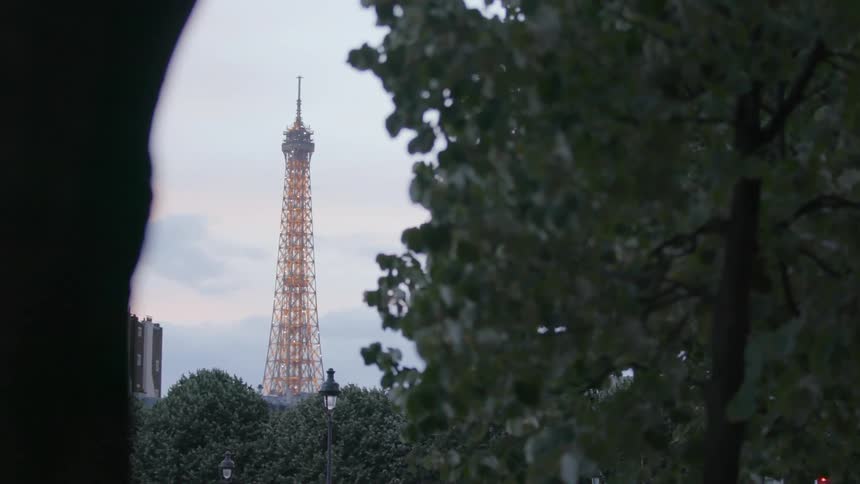 A tower with sparkling lights is shown in the distance