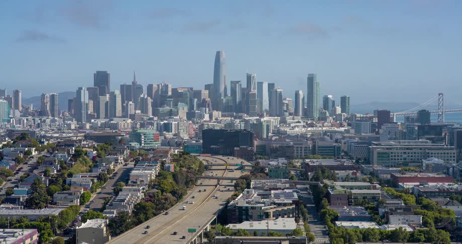 A wide shot of a city skyline