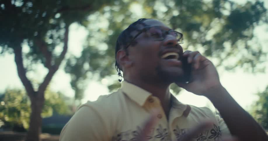 Man and a voice call on smartphone talking happily