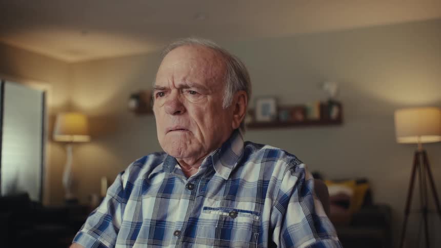 Elderly man sitting in a living room holding a document