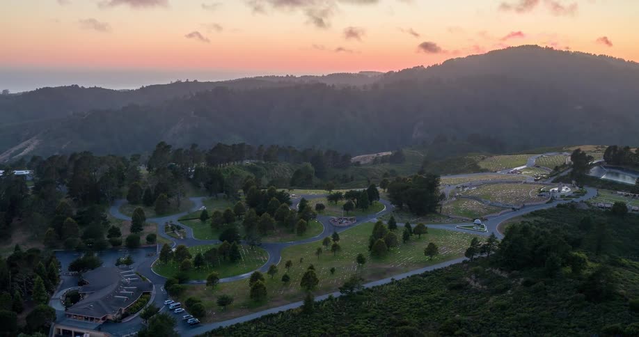 Aerial panorama at sunrise with a mountain resort