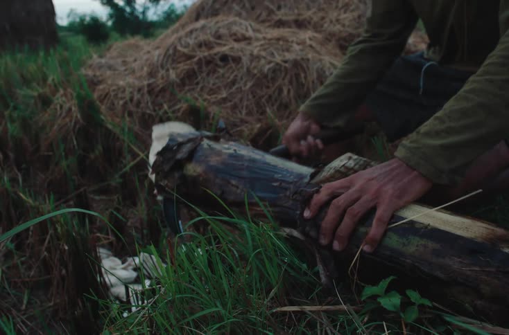A male farmer cuts a tree trunk with a sickle on a farm outdoors during daytime
