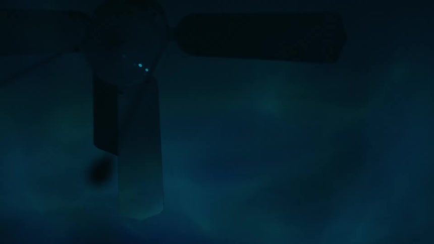 A ceiling fan hangs motionless in a dark moody room with blue lighting