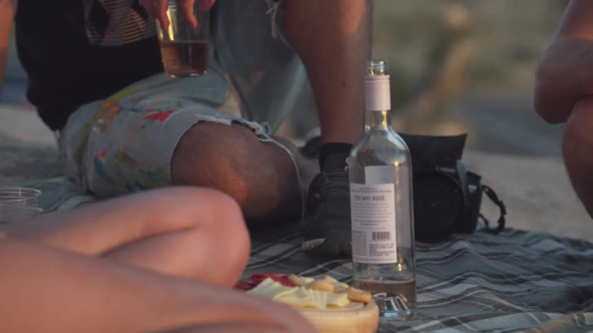 Friends sit on the ground outdoors while enjoying wine and a cheese tray